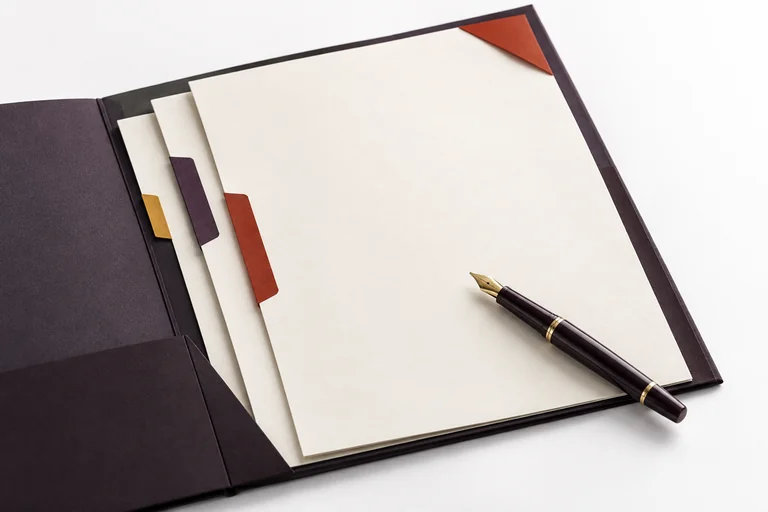 Des documents constitutifs à onglets colorés et un stylo pour préparer les signatures de la société.